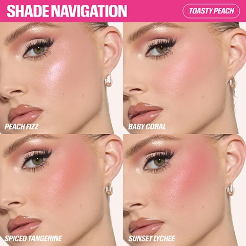 Image 1 - Four close-up sections of a models face showcasing different blush and lip shades, including a shimmery pink, soft coral, warm tangerine, and muted rose, with the text Shade Navigation Toasty Peach Peach Fizz Baby Coral Spiced Tangerine Sunset Lychee. Image 2 - A woman with styled dark hair and full makeup looks directly at the viewer while holding an open palette of four cream blush shades, with text reading BLUSHED & BLURRED, BUILDABLE, EASY TO BLEND, FILTER FINISH. Image 3 - An open makeup palette with a mirror lid displays four shades: three matte blushes in peach, coral, and reddish-brown, and one shimmery pink pearl highlighter, with text reading ULTRA-PIGMENTED & HIGH-SHINE, 3 MATTE BLUSHES, 1 PEARL HIGHLIGHTER. Image 4 - Three clear compact makeup palettes are open, showing four square pans of powder blush or eyeshadow in various pink and peach tones, each with UR embossed on one pan, arranged diagonally on a light background with labels Rose Berry, Toasty Peach, Baby Pink.