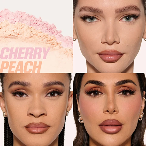 Image 1 - A collage image shows a pile of pink and peach loose powder in the top left corner, with the words Cherry Peach in pink and orange text on top, and three close-up portraits of women with diverse skin tones wearing makeup in the remaining quadrants. Image 2 - A woman with dark hair is applying makeup powder to her cheek with a pink puff labeled Huda Beauty, while holding a clear pot of powder labeled Easy Bake, with additional text Bright & Snatch, 18HR WEAR, Ultra-Brightening, and Airbrush Finish. Image 3 - A four-panel image shows a woman with braided hair demonstrating steps to apply makeup: she first twists open a translucent container labeled Huda Beauty Easy Bake, then shakes it while smiling, next applies the powder under her eye with a pink puff, and concludes with a portrait showing her finished makeup look, with visible text overlays reading 1. TWIST, 2. SHAKE, 3. BAKE, and 18HR WEAR. Image 4 - A split image shows a womans eyes with dark undereyes on the left before treatment and brightened undereyes on the right after, followed by three close-up images demonstrating the steps of an undereye routine: applying #FAUXFILTER COLOUR CORRECTOR, then #FAUXFILTER MATTE CONCEALER, and finally EASY BAKE LOOSE POWDER, with text that reads BEFORE, AFTER, THE ULTIMATE UNDEREYE ROUTINE, #FAUXFILTER COLOUR CORRECTOR, #FAUXFILTER MATTE CONCEALER, EASY BAKE LOOSE POWDER. Image 5 - An open Huda Beauty Easy Bake loose powder container features separate pink and peach sections with powder dust visible, its black lid angled above showing the Huda Beauty logo, accompanied by text that reads CUSTOMIZE YOUR SHADE, PINK TO BRIGHTEN, PEACH TO CORRECT, and MIX TO CUSTOMIZE.