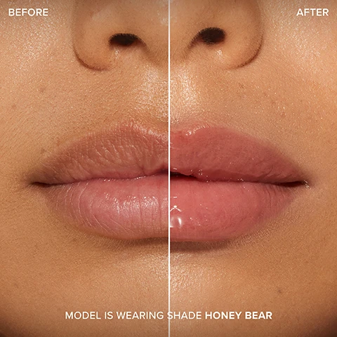 Image 3 - A split image shows a close-up of a persons face, with the left side displaying natural, unglossed lips and the right side displaying glossy, hydrated lips, with text reading BEFORE, AFTER, and MODEL IS WEARING SHADE HONEY BEAR. Image 4 - A vibrant image displays twelve cosmetic swatches in various shades and finishes, with the visible text Ready For It, Full Send, Berry Crush, Creamsicle Tickle, A La Mode, Yummy Bear, Lavender Daze, Wink Wink, Original, Magic Crystal, Honey Bear, and Cotton Candy Kisses. Image 5 - A tube of shimmery pink Too Faced Lip Injection lip gloss stands next to a swatch of the product on a pink background, with text reading Too Faced LIP INJECTION MAXIMUM PLUMP, INSTANT & LASTING VOLUME, LIPS FEEL SOFT, SMOOTH & HYDRATED, and 12 UNIQUE SHADES & FINISHES. Image 6 - A pink lip gloss bottle labeled Too Faced LIP INJECTION MAXIMUM PLUMP with its applicator wand extended is displayed next to text that reads 96% Said this gloss leaves LIPS FEELING PLUMPED* Said this gloss leaves LIPS FEELING HYDRATED* and 97% Said this gloss LEAVES LIPS FEELING SOFTER & SMOOTHER*, with a footnote *In a study of 106 women over 1 week. Image 7 - Seven tubes of Too Faced Lip Injection Maximum Plump lip gloss in various nude, pink, and purple shades are displayed on a reflective surface against a pink background, with a pink heart graphic on the left reading NEW SHADES.