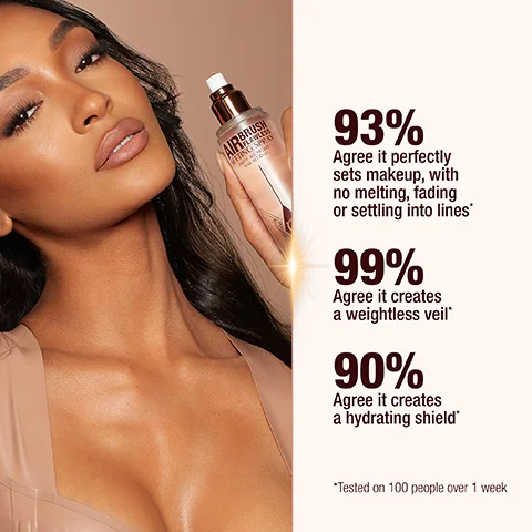 A woman with long dark hair and makeup holds a light pink bottle of AIRBRUSH FLAWLESS SETTING SPRAY, with text to the right stating 93% Agree it perfectly sets makeup, with no melting, fading or settling into lines*, 99% Agree it creates a weightless veil*, 90% Agree it creates a hydrating shield*, and *Tested on 100 people over 1 week.