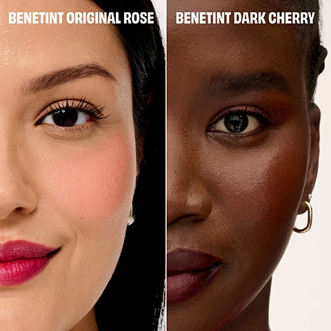 Image 2 - A split image of two womens faces, the left showing light skin with pink blush and fuchsia lips and the text BENETINT ORIGINAL ROSE, and the right showing dark skin with deep red blush and dark cherry lips and the text BENETINT DARK CHERRY. Image 3 - An image on a white background displaying multiple cosmetic liquid drops: a small dark reddish-brown drop with a pink edge, a large vibrant red drop labeled BENETINT ORIGINAL ROSE, a large deep cherry red drop labeled BENETINT DARK CHERRY, and three smaller pinkish-red drops. Image 4 - A model with a natural rosy cheek flush applies red lip tint to her lower lip with an applicator, holding the small black Benetint bottle in her other hand, with text reading Benetint, Natural-looking flush, Longwearing, smudge-proof & transfer-proof, Sheer, buildable & lightweight, and Model is wearing Benetint Original, plus benetint and benefit on the bottle. Image 5 - A woman demonstrates applying a red tint on a split image; on the left, she dabs three dots onto her cheek with an applicator, with text Dot onto cheeks & blend quickly, and on the right, she applies the tint to her lips, holding a bottle labeled bene tint benefit, with text Glide onto lips & layer to build intensity. Image 6 - A close-up of a smiling woman with dark hair and eyes, wearing pink blush and bright fuchsia lipstick, with a silver hoop earring visible, with the text MODEL WEARS BENETINT SHADE | ORIGINAL. Image 7 - A close-up headshot of a person with dark skin, wearing glossy, deep cherry red lip tint and matching blush, with small gold hoop earrings, and visible text that reads MODEL WEARS BENETINT SHADE | CHERRY. Image 8 - The image shows a pink Benefit Benetint Buddy gift set box containing two small bottles of tint, displayed next to two larger full-size Benetint bottles, one reddish-brown and one berry red with its applicator, all featuring the visible text Benefit Benetint Buddy, full-size tint duo, duo de blushes liquides, format standard, bene tint, benefit, and FULL SIZE.