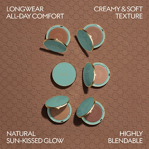 Image 2 - Six round Gucci makeup compacts with teal lids and gold trim are scattered on a brown background patterned with the Gucci GG logo, with five compacts open revealing shades of bronzer or blush and the word GUCCI, and one compact closed showing GUCCI on its lid, with additional visible text stating Longwear All-Day Comfort, Creamy & Soft Texture, Natural Sun-Kissed Glow, and Highly Blendable. Image 5 - The image visually displays a three-step Gucci face routine featuring a pink primer bottle, a beige foundation bottle, and two round compacts—one pink with gold stars and one teal; the visible text includes GUCCI beauty, GUCCI FACE ROUTINE, 1 PREPARE, PRIMER, Sérum de Beauté Fluide Soyeux, Silk Priming Serum, Base de Teint Sérum Soie, GUCCI, 2 BEAUTIFY, FOUNDATION, Éternité de Beauté, 24H Wear Breathable Foundation Luminous Matte Finish, Fond de Teint Aérien Tenue 24h Fini Mat Lumineux, SPF 15, GUCCI, 3 COLOR, SUN-KISSED POWDER & BLUSH, Poudre de Beauté Éclat Soleil & Blush de Beauté, GUCCI, and GUCCI.