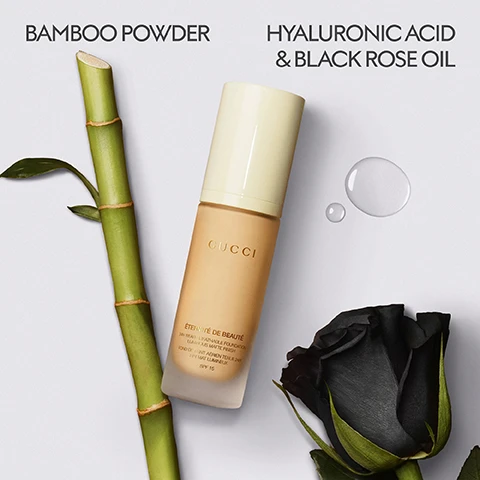 Image 2 - A light beige foundation bottle stands next to a green bamboo stalk and a black rose, with two clear liquid drops above the rose, accompanied by text that reads BAMBOO POWDER HYALURONIC ACID & BLACK ROSE OIL GUCCI ÉTERNITÉ DE BEAUTÉ 24H WEAR BREATHABLE FOUNDATION LUMINOUS MATTE FINISH FOND DE TEINT AÉRIEN TENUE 24H FINI MAT LUMINEUX SPF 15. Image 4 - Three Gucci Éternité de Beauté foundation bottles in dark brown, light beige, and medium beige shades, with two standing and one lying down, are shown on a reflective surface with text stating 24H Luminous Matte Wear, 90% Shine Control All Day*, and *CONSUMER TEST ON 113 VOLUNTEERS AFTER 7 DAYS OF USE. Image 5 - A collection of eight Gucci beauty products, including four foundation bottles and four concealer tubes in various skin tones with floral caps, are displayed on a reflective white surface, featuring the text GUCCI FACE ESSENTIALS 24H WEAR LUMINOUS MATTE FOUNDATION AND LONGWEAR MULTI-USE CONCEALER, along with product labels reading ÉTERNITÉ DE BEAUTÉ and CONCENTRÉ DE BEAUTÉ, and the hashtag #GucciBeauty. Image 6 - A three-panel infographic displays the Gucci face routine, featuring a primer bottle, a foundation bottle, and two makeup compacts for powder and blush, with the visible text GUCCI beauty GUCCI FACE ROUTINE 1 PREPARE PRIMER Sérum de Beauté Fluide Soyeux GUCCI SÉRUM DE BEAUTÉ FLUIDE SOYEUX SILK PRIMING SERUM BASE DE TEINT SÉRUM SOIE 2 BEAUTIFY FOUNDATION Eternité de Beauté GUCCI ÉTERNITÉ DE BEAUTÉ 24H WEAR BREATHABLE FOUNDATION LUMINOUS MATTE FINISH FOND DE TEINT AÉRIEN TENUE 24H FINI MAT LUMINEUX SPF 15 3 COLOR SUN-KISSED POWDER & BLUSH GUCCI GUCCI Poudre de Beauté Éclat Soleil & Blush de Beauté.