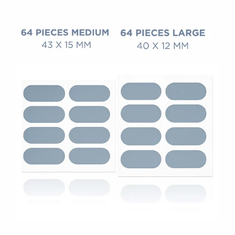 Image 1 - The image displays two sets of eight gray oval-shaped patches on white sheets, with the left set labeled 64 PIECES MEDIUM 43 X 15 MM and the right set labeled 64 PIECES LARGE 40 X 12 MM. Image 2 - A woman with freckles and gold hoop earrings has two light blue patches on her forehead, with the text STAY SMOOTH SLNY overlaying the bottom of the image. Image 3 - A hand with white nail polish holds a small blue rectangular textured patch between the thumb and index finger, next to visible text that reads 100% Cotton, Gentle Hold, Breathable, 144 Pieces For Face and Neck. Image 4 - A womans side profile illustrates different facial and neck areas with dotted white circles, labeled Forhead + 11s, Crows feet, Smile Lines, Marionette lines, Jaw Line, and Tech neck lines, with the text TARGET YOUR LINES SLNY at the bottom. Image 5 - Three sections of black text on a light beige background, each with a bold heading and descriptive text separated by a dotted line, read: SMOOTHS FINE LINES Helps keep skin gently still to reduce creasing and support a smoother look. A NON-INVASIVE RITUAL An easy, non invasive step for maintaining fresh skin, day or night. SOFT, FLEXIBLE HOLD Comfortably adheres to facial contours without tugging or harshness. Image 6 - A close-up profile view of a person with dark skin looking right, with text overlaid on a light blue-grey background: RESULTS 99% Saw smoother, more refreshed skin overnight. 96% Said our face tape is their go to for a non invasive, convenient anti aging step. 93% Saw visibly softer expression lines. Based on a self reported questionnaire of 9 participants who used the face tape for 4 weeks. Image 7 - An image displaying an FAQ section with instructions and product information: FAQ How to use Start with clean, dry skin post-skincare. Smooth patches over areas where lines tend to show. Press lightly to stick, leave on for a few hours or overnight. Gently peel away while holding skin firm. Use regularly for best results. What sizes are they? 2 sizes, designed for forehead, eyes, mouth, and chin zones, 64 - 40 x 12 mm and 64 - 43 x 15 mm - 128 Total What are they made of? Soft, breathable 100% cotton with gentle, skin-friendly adhesive to not clog pores. Important: Not for kids. Skip use on irritated skin, open cuts, or if allergic to adhesives. Stop if irritation happens. Check with your doctor if unsure, these patches arent medical treatments.