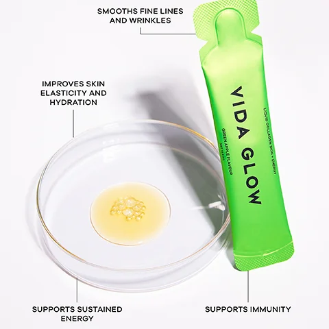 A bright green Vida Glow Liquid Collagen Skin + Energy Green Apple Flavour sachet, net 10 ml, stands next to a petri dish containing a small amount of yellowish liquid, accompanied by text detailing its benefits: Smoothes fine lines and wrinkles, Improves skin elasticity and hydration, Supports sustained energy, and Supports immunity.