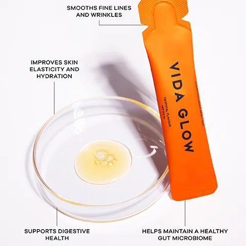 An orange Vida Glow sachet is shown next to a petri dish containing a golden liquid, with text highlighting product benefits: SMOOTHS FINE LINES AND WRINKLES, IMPROVES SKIN ELASTICITY AND HYDRATION, SUPPORTS DIGESTIVE HEALTH, HELPS MAINTAIN A HEALTHY GUT MICROBIOME, and the sachet reads VIDA GLOW, TROPICAL FLAVOUR, NET 0.5 FL OZ, MARINE COLLAGEN SKIN SWISSTM.