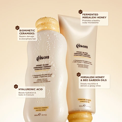 Image 1 - The image displays two white Gisou Honey Gloss Ceramide Therapy hair product bottles with yellow caps, covered in water droplets, featuring visible text including: on the shampoo bottle, gisou HONEY GLOSS CERAMIDE THERAPY HYDRATING SHAMPOO ✓ Fermented Mirsalehi Honey ✓ AHAs ✓ Hyaluronic Acid Deeply cleanses Intensly hydrates Balances scalp microbiome HYDRATION, STRENGTH & GLOSSY SHINE 250ml e - 8.5 fl.oz; on the conditioner bottle, gisou HONEY GLOSS CERAMIDE THERAPY HYDRATING CONDITIONER ✓ Fermented Mirsalehi Honey ✓ Silk Protein ✓ Hyaluronic Acid Effortlessly detangles Intensly hydrates Smoothly polishes HYDRATION, STRENGTH & GLOSSY SHINE 200ml e - 6.8 fl.oz; and in accompanying callout boxes, BIOMIMETIC CERAMIDES Repairs damage & strengthens hair, FERMENTED MIRSALEHI HONEY Promotes a healthy scalp microbiome, HYALURONIC ACID Boosts hydration & locks in moisture, and MIRSALEHI HONEY & BEE GARDEN OILS Deeply nourishes & delivers a glossy shine. Image 2 - A golden Gisou Honey Gloss Ceramide Therapy Hair Mask jar with an open lid revealing creamy product, surrounded by honeycomb dripping honey, accompanied by text labels listing key ingredients and benefits: BIOMIMETIC CERAMIDES Repairs damage & strengthens hair; HYALURONIC ACID Boosts hydration & locks in moisture; MIRSALEHI HONEY Deeply nourishes & delivers a glossy shine; ANTIOXIDANT KERAGUARD Protect against heat & UV.