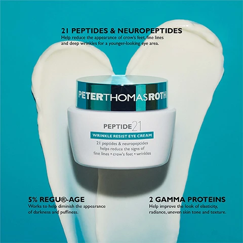 Image 2 - A white jar of Peter Thomas Roth Peptide 21 Wrinkle Resist Eye Cream with a metallic blue and silver lid sits on a teal background with white cream swooshes, accompanied by text that reads: 21 PEPTIDES & NEUROPEPTIDES Help reduce the appearance of crows feet, fine lines and deep wrinkles for a younger-looking eye area; 5% REGU®-AGE Works to help diminish the appearance of darkness and puffiness; and 2 GAMMA PROTEINS Help improve the look of elasticity, radiance, uneven skin tone and texture. Image 3 - A white serum bottle with a blue band and a dollop of white cream on a turquoise background with blurred glass beakers includes the text 10% ARGIRELOX™ Helps to prolong the need for injectable treatments* PETERTHOMASROTH CLINICAL SKIN CARE PEPTIDE SKINJECTION™ AMPLIFIED WRINKLE-FIX SERUM SÉRUM ANTIRIDES À EFFET AMPLIFIÉ 5 ml / 0.17 fl oz 19% PEPTIDE COMPLEX OF MATRIXYL® & ARGIRELINE® Helps to reduce and prevent the look of lines *Based on an in vivo study on 22 women (51 years average age) who received onetime neurotoxin (boNT-A) injections followed by application of 10% Argirelox™ peptide solution twice daily for six months. Image 4 - A white and teal Peter Thomas Roth eye cream with a silver rollerball applicator is centered on a teal and light blue background, with the product label reading PETERTHOMASROTH CLINICAL SKIN CARE PEPTIDE SKINJECTION™ FILL+FIX UNDER-EYE CREAM CRÈME CONTOUR DES YEUX, and surrounding text details: 4% PEPTILIFT Advanced peptide technology that helps lift and fill the look of lines. 3% JUVENEYE CLR™ Clinically engineered plant complex that helps brighten the look of dark circles. CAFFEINE & ILLUMINATING MINERALS Help reduce the look of under-eye puffiness and darkness for a wide-awake look. HYALURONIC ACID FILLING SPHERES Intensely hydrate and draw water to the skin for a more youthful look.