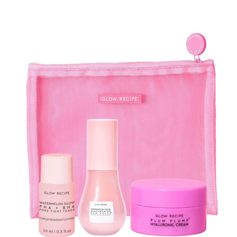 Glow Recipe Bestsellers Travel Trio: Watermelon Toner, Dew Drops and Plum Cream in Pink Mesh Pouch (Worth £67.00) Image 1