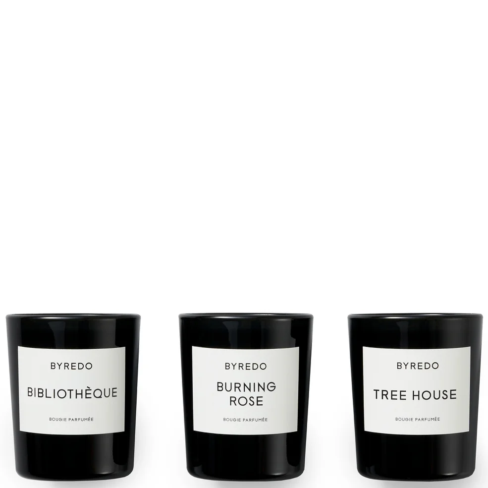 BYREDO La Mini Sélection - 70g Fragranced Candles Gift Set Bibliothèque, Burning Rose, Tree House Image 1